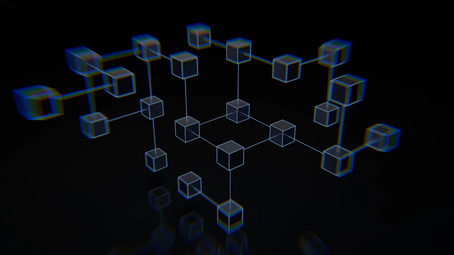 Visualização abstrata de fluxo de dados em tons frios